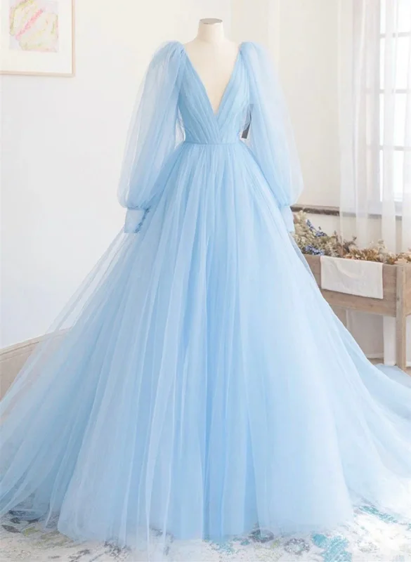 breathable party dressesLight Blue Long Sleeves V Neck Long Formal Dress A-Line Evening Dress MD7207