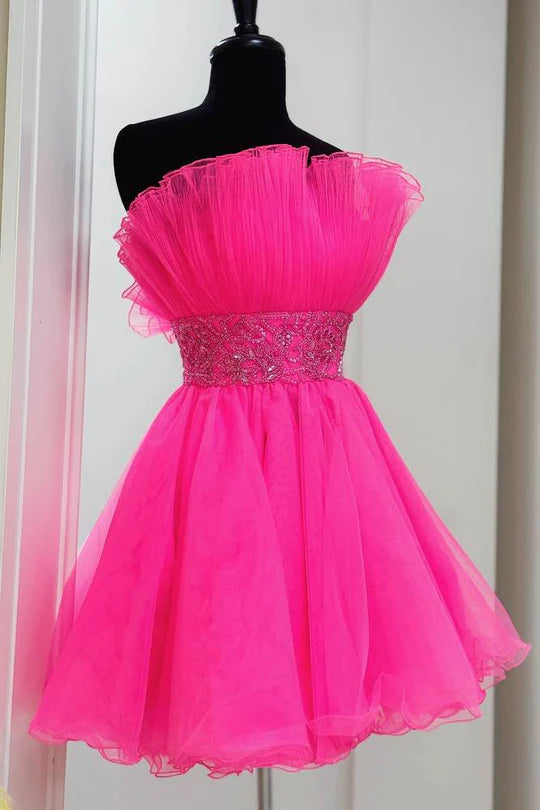 casual party dressesDingJiDress Hot Pink Strapless A-line Evening Dress Tulle Homecoming Dress