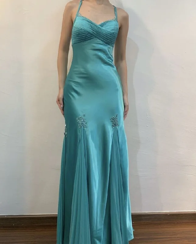 A-line party dressesBlue Straps Sheath Satin Vintage Long Prom Dress Evening Gown, MD7939