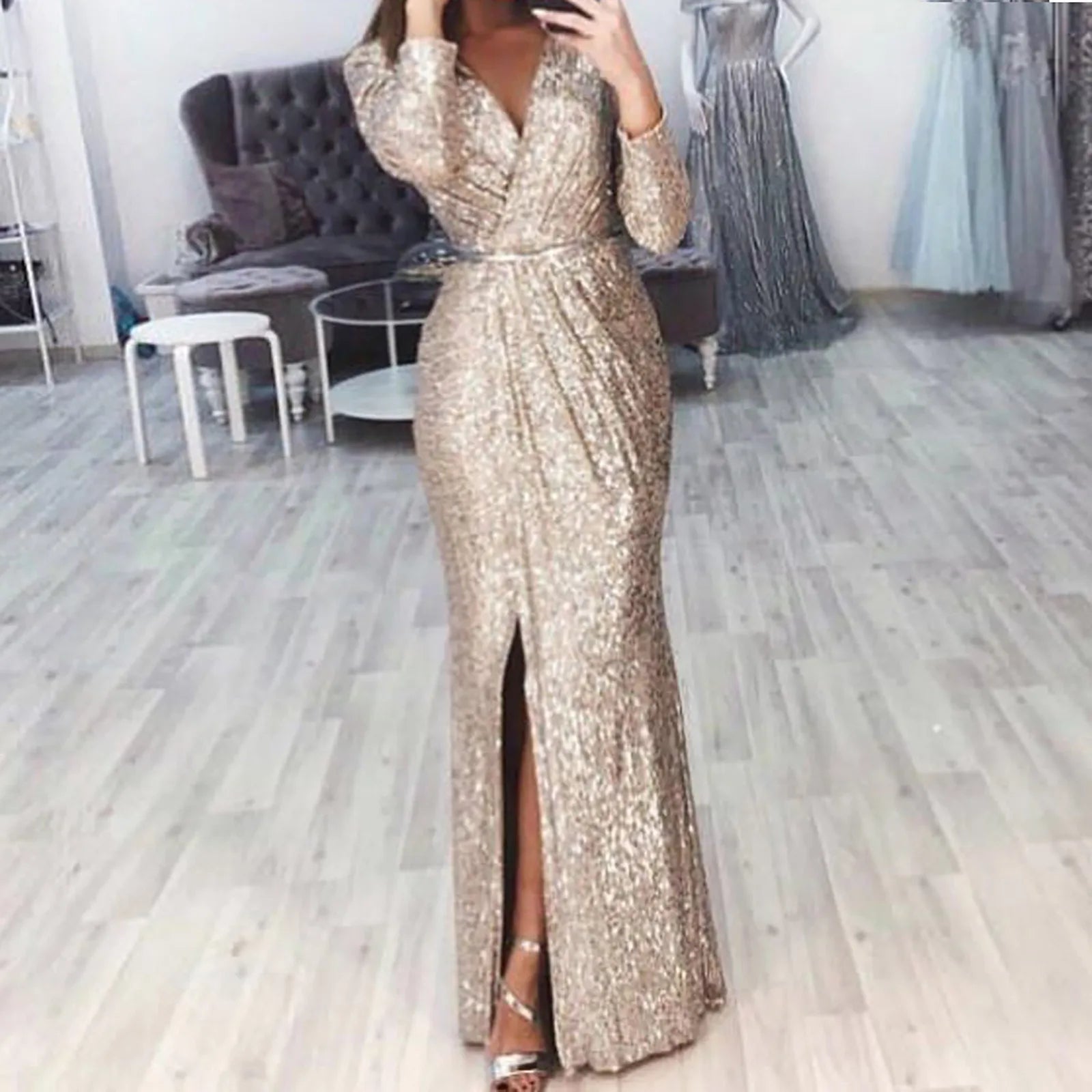 spring party dressesJuliaFashion - 2024 V Neck Floor Length Long Sleeve High Slit Sequin Mermaid Nightclub Evening Gowns Lady Elegant Dress