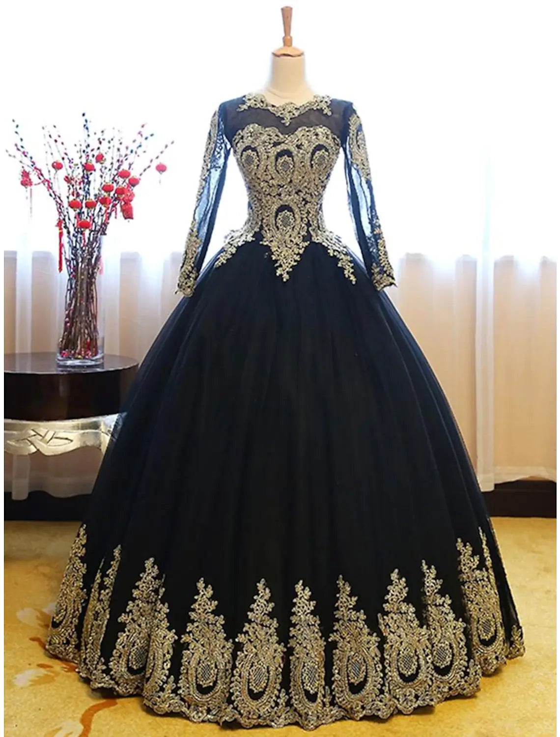 ruffle party dressesLuxurious Vintage Quinceanera Formal Evening Dress Long Sleeve Floor Length Lace Appliques