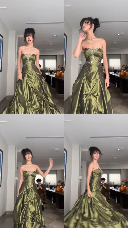 eco-friendly party dressesVintage Beading Strapless A-Line Green Evening Ball Gown Birthday Gown MD7632