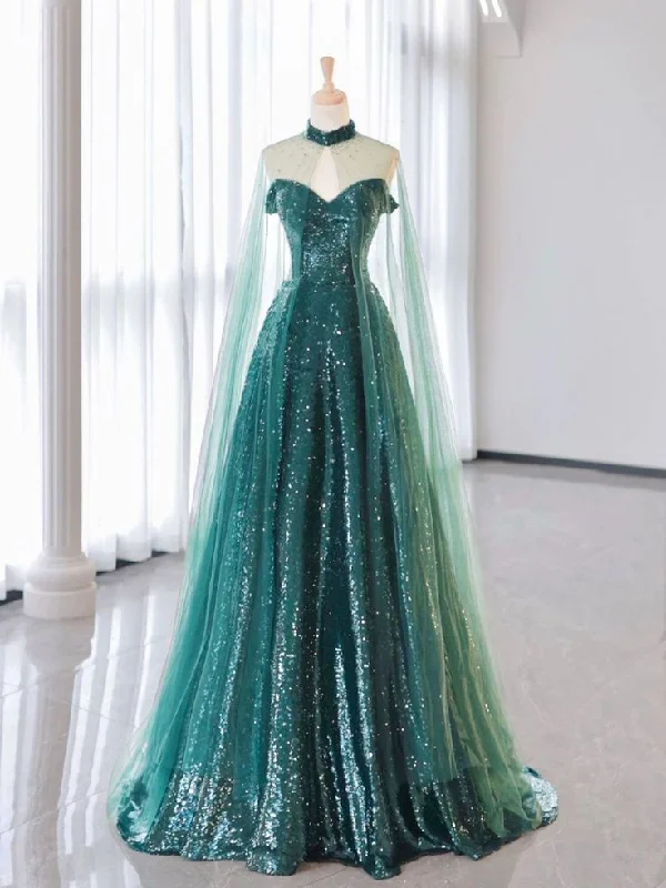 chic party dressesGreen Strapless A-Line Tulle Sequins Long Prom Dress Evening Gown, D32