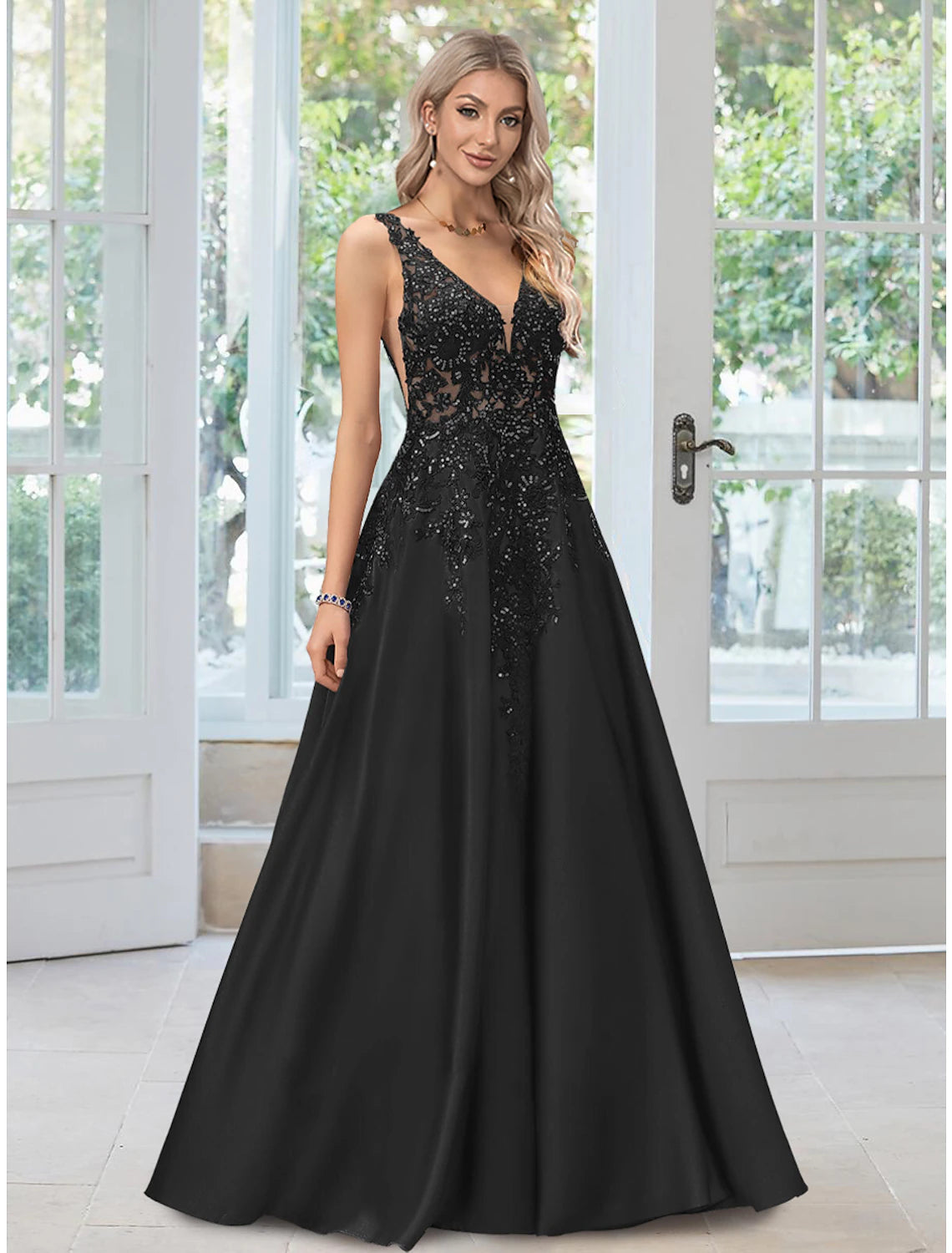 illusion-sleeve party dressesA-Line Evening Gown Black Dress Formal Floor Length Sleeveless V Neck Lace with Appliques