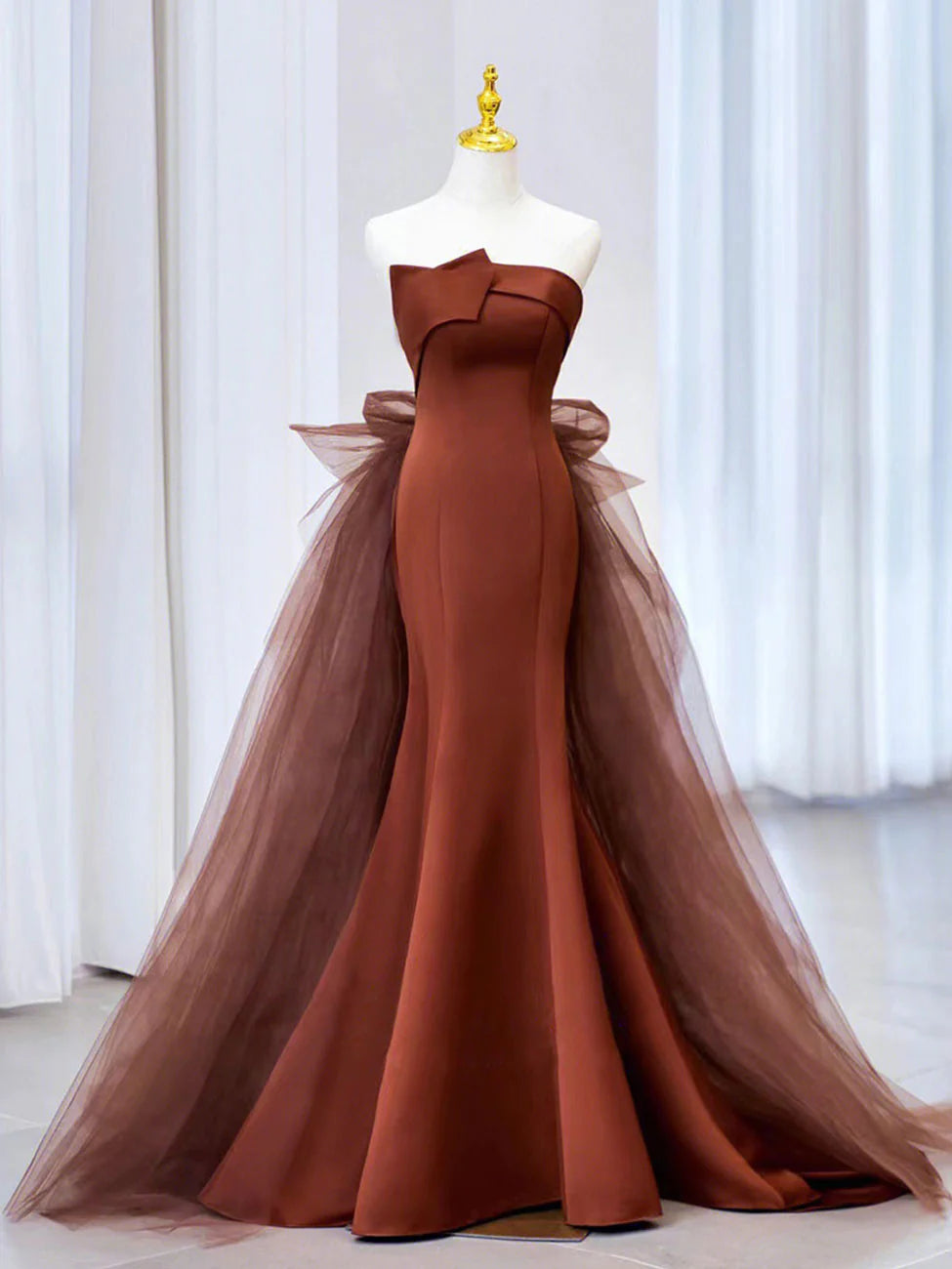 empire waist party dressesBrown Mermaid Satin Tulle Long Prom Dress, Brown Long Evening Dress  MD7164