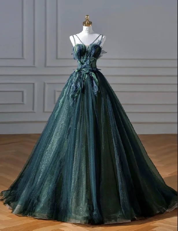 flashy party dressesGreen Straps A-Line Tulle Chic Long Prom Dress Evening Gown, D33