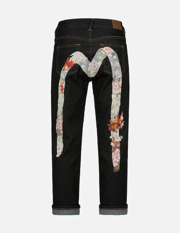 women's denim jeans with stretch fabricEmbroidery Goldfish and Floral Flow Brushstroke Daicock Print Boyfriend Jeans