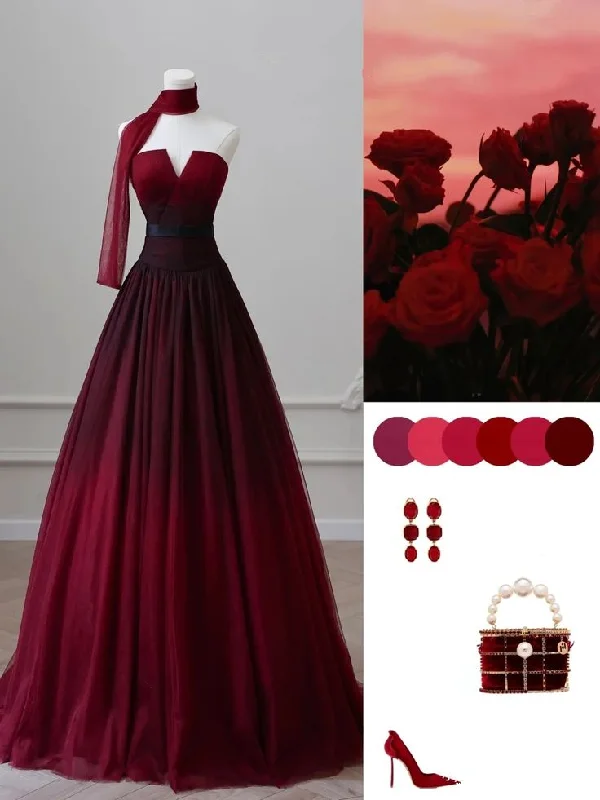 mermaid party dressesBurgundy Strapless A-Line Gradient Long Formal Prom Dress Evening Gown MD7533