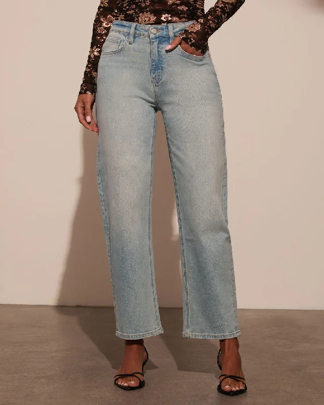 women's denim jeans with distressed back pocketsDamson High Rise Barrel Jeans