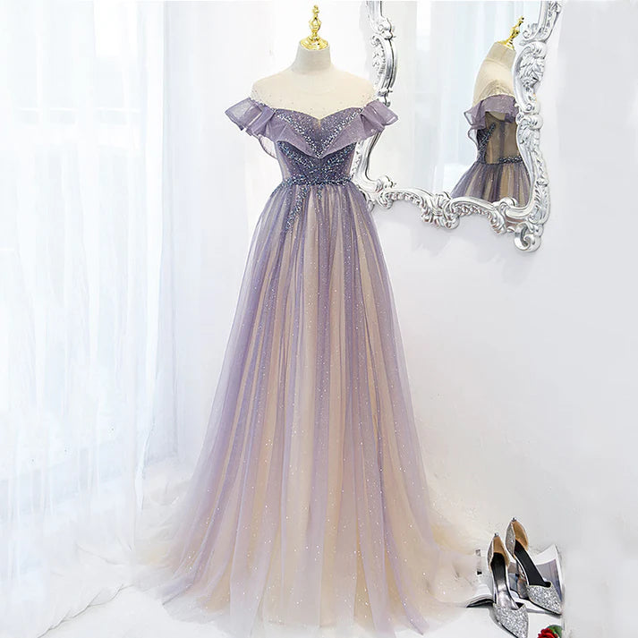 chic party dressesPurple Shiny A Line Tulle Prom Dress Off Shoulder Long Evening Gown MD7564