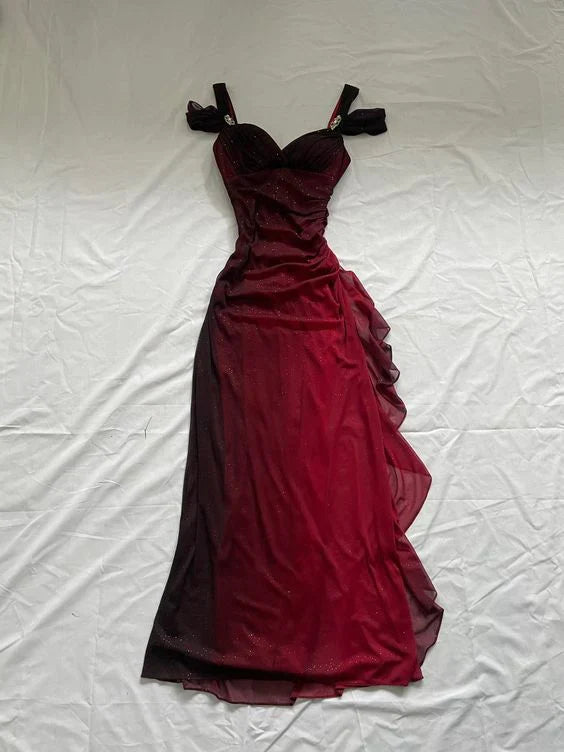 lightweight party dressesBurgundy A Line Shiny Long Prom Dress Ruffled Evening Gown MD7587