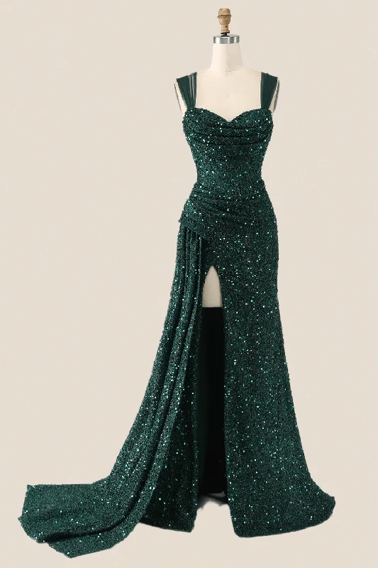 pastel party dressesRuched Dark Green Sequin Mermaid Long Evening Dress