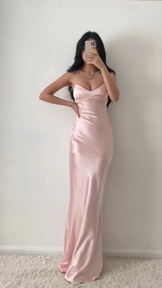 bridesmaid party dressesPink Halter Neck Long Prom Dresses Sheath Satin Evening Dress MD7609