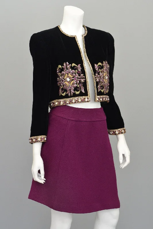 themed party dressesMary McFadden Plum Velvet Beaded Cropped Evening Jacket