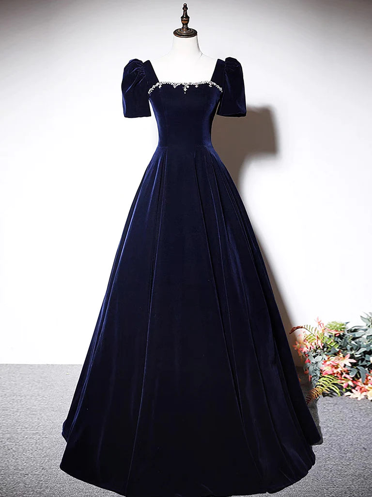 spaghetti-strap party dressesA-Line Dark Blue Velvet Long Prom Dress, Blue Formal Evening Dress MD7171