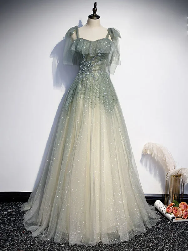 affordable luxury party dressesGray Green Tulle A-Line Sequin Beads Long Prom Dress Evening Dress  MD7233