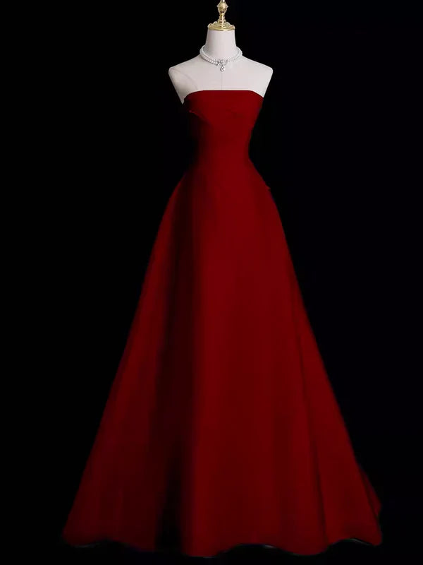 striped party dressesCharming Red Strapless A-Line Long Satin Prom Dress Evening Gown MD7689