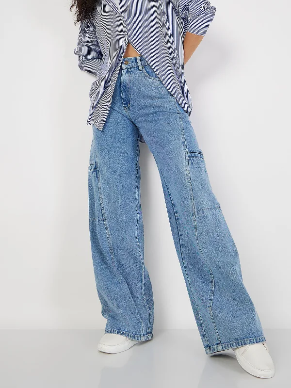 women's denim jeans with leather back pocketsWomen Blue Wide Leg Jeans