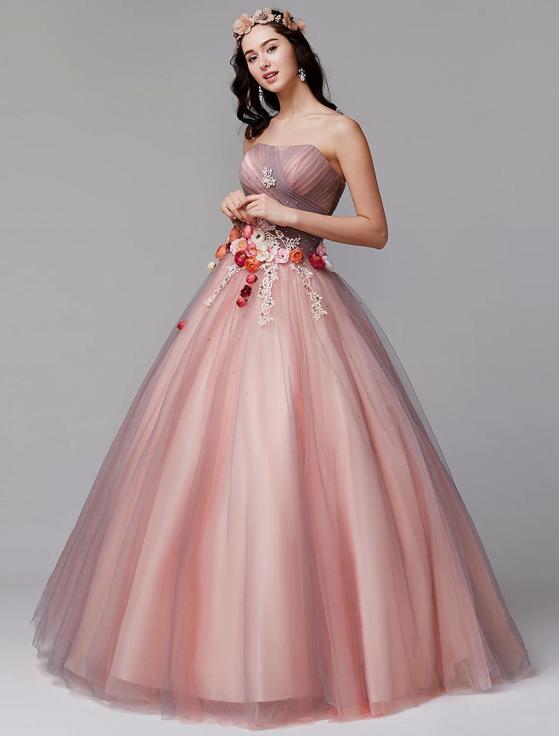 flutter-sleeve party dressesBall Gown Evening Dress Strapless Sleeveless Floor Length Tulle Pleats Flower