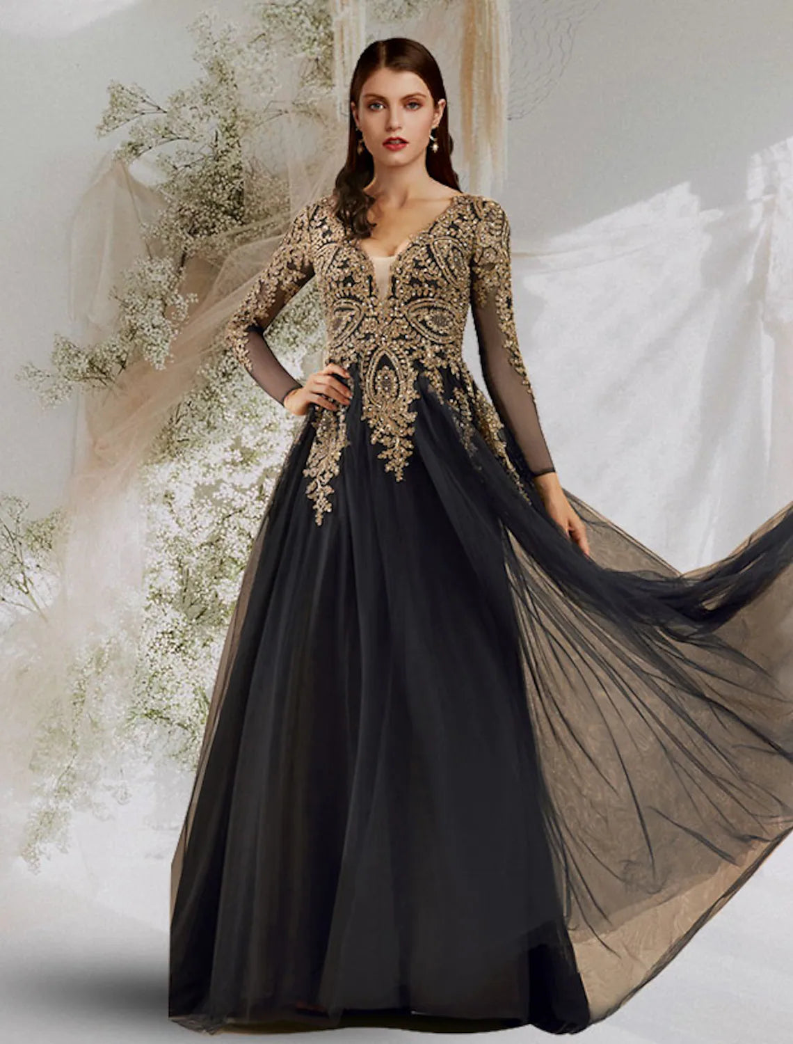 peplum party dressesLuxurious Elegant Evening Dress V Neck Long Sleeve Floor Length Tulle with Sequin Appliques