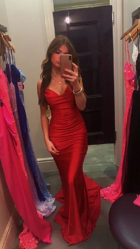 one-shoulder party dressesRed V Neck Mermaid Satin Long Prom Dress Evening Gown, MD7927