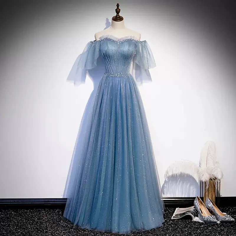 satin party dressesShiny Blue Off Shoulder Beading Tulle Formal Evening Gown Prom Dress MD7177