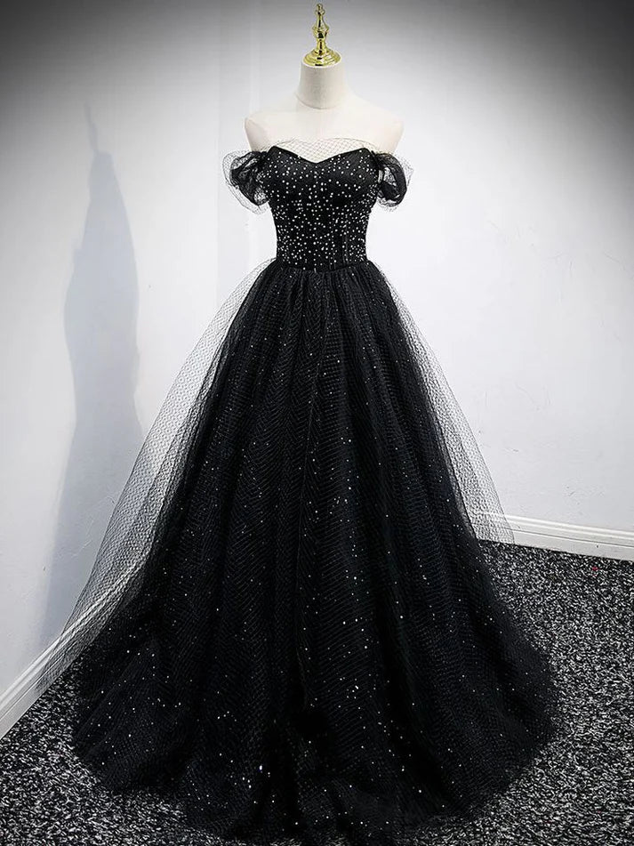 budget-friendly party dressesOff The Shoulder Shiny Tulle Long Prom Dress A Line Black Evening Dress  MD7629