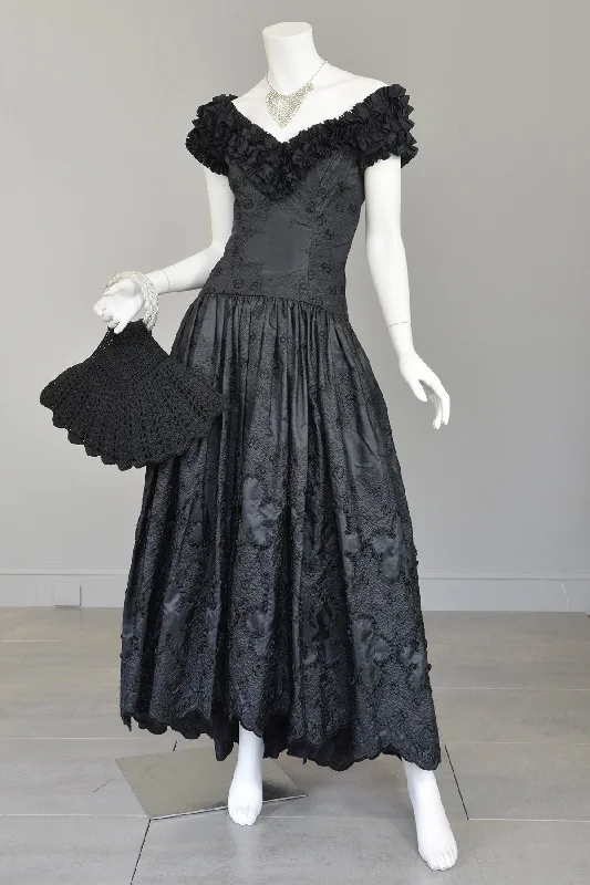 bachelor party dresses (for women)1970s 80s Black Embroidered Ruffle Neckline Evening Gown