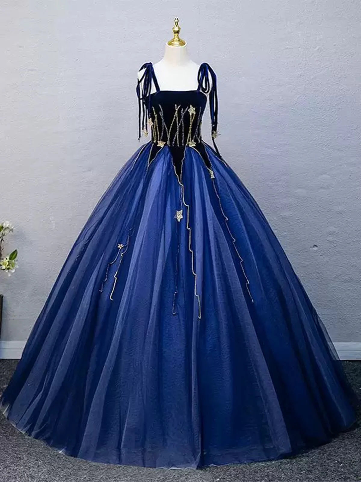 glam party dressesNavy Blue Straps A-Line Tulle Formal Ball Gown Evening DressMD7707