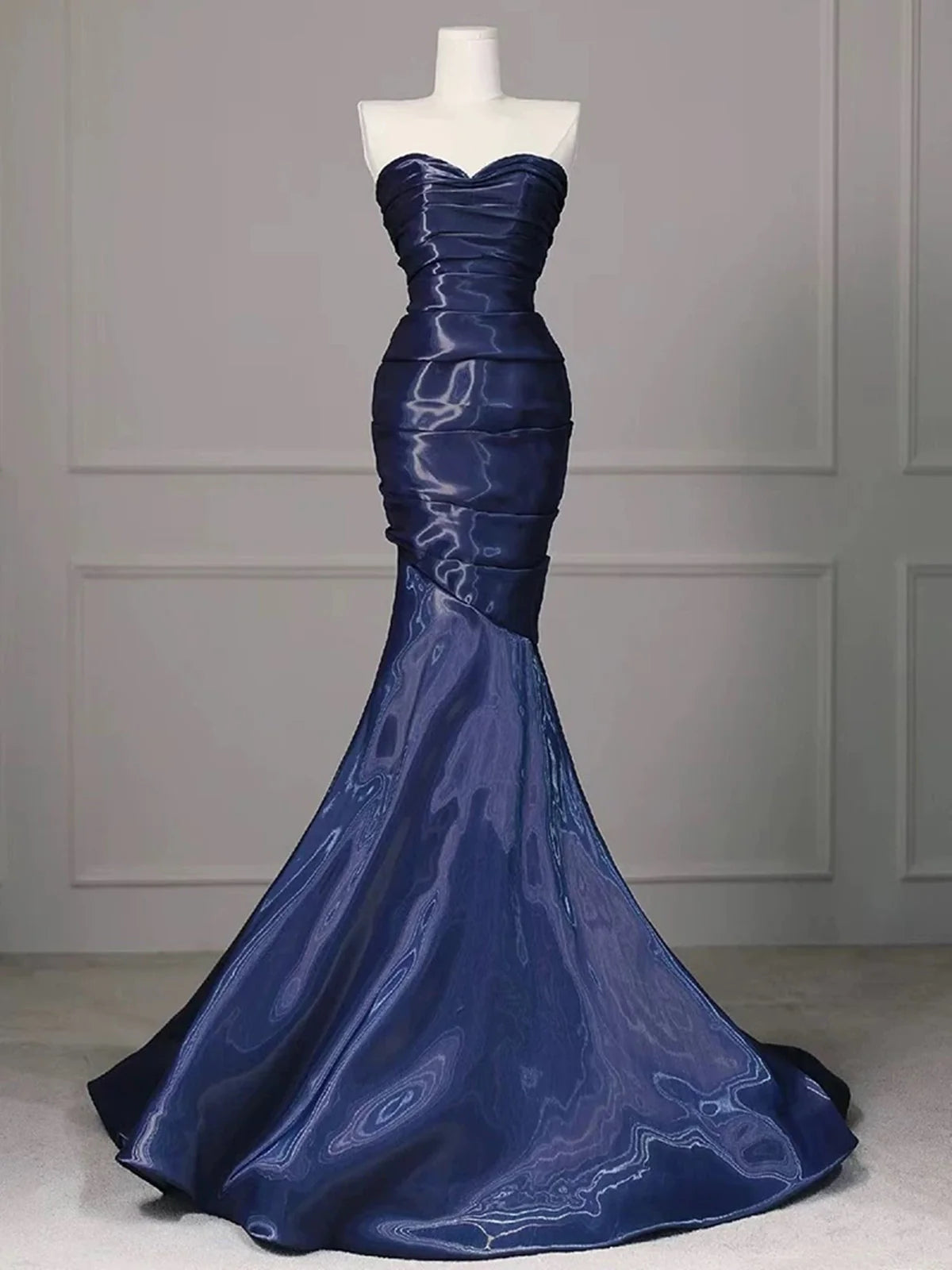 mother-of-the-bride party dressesNavy Blue Mermaid Strapless Long Evening Dress, Navy Blue Satin Prom Dress MD7613