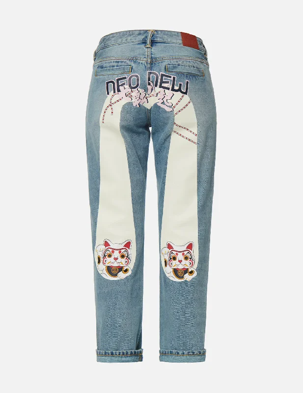 women's denim jeans with leather patchesFortune Cat Daicock Print Boyfriend Jeans