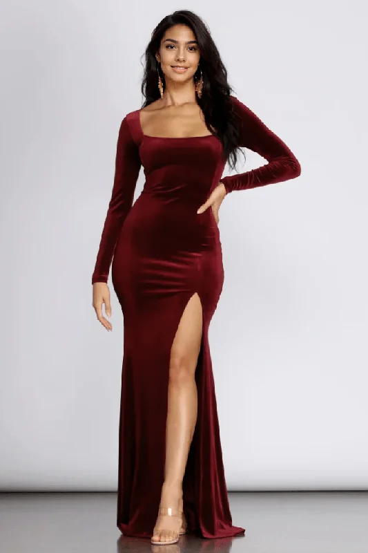 striped party dressesCoretta Velvet Evening Gown Burgundy