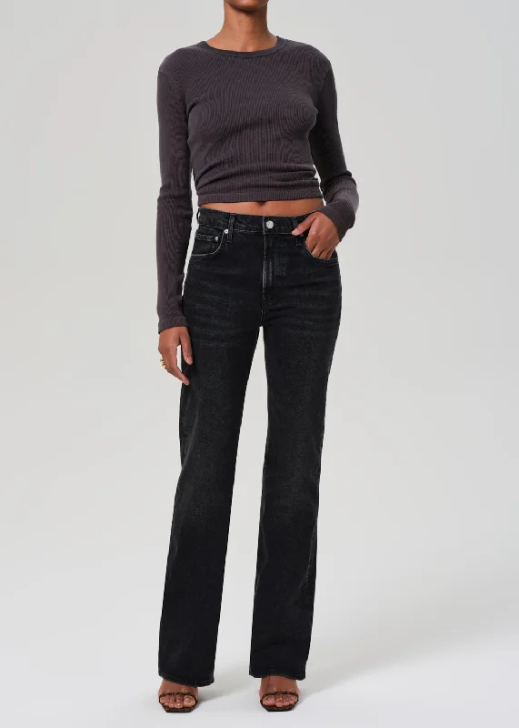 women's denim jeans with embroidery on pocketsVidia Mid Rise Boot in Stormy