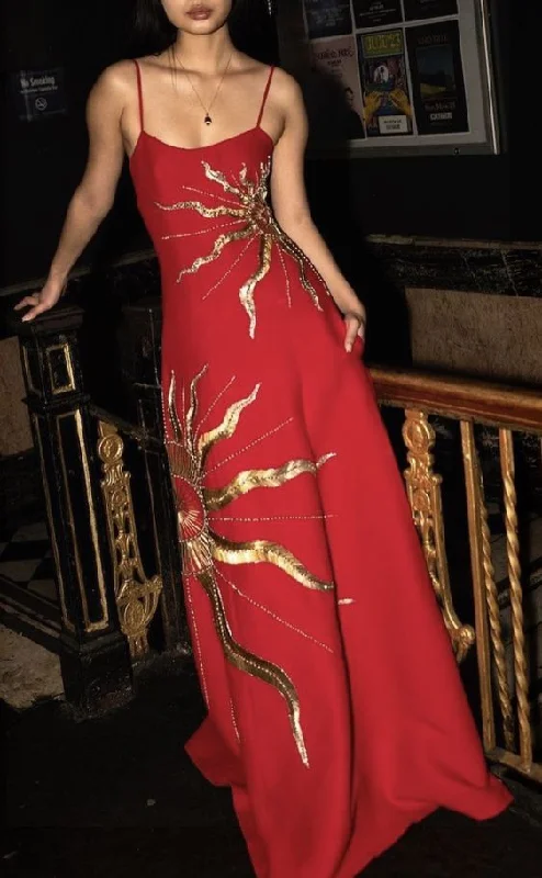 lightweight party dressesCharming Red Spaghetti Straps A-Line Embroidery Long Evening Dress, D78