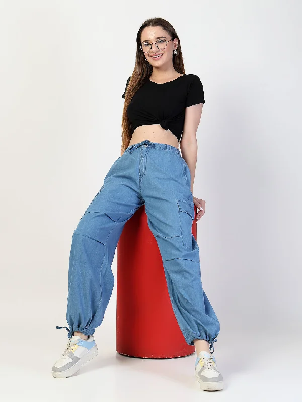 women's denim jeans for a timeless classic lookLight Blue Cargo Jeans With Elastcated Waistband