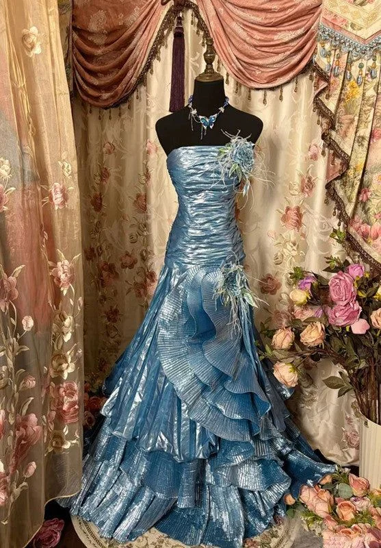 lace party dressesBlue Strapless A-Line Satin Vintage Long Formal Evening Gown, D01