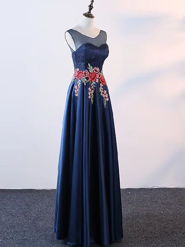 holiday party dressesA-Line Evening Gown Elegant Dress Prom Floor Length Sleeveless Jewel Neck Satin with Embroidery Appliques