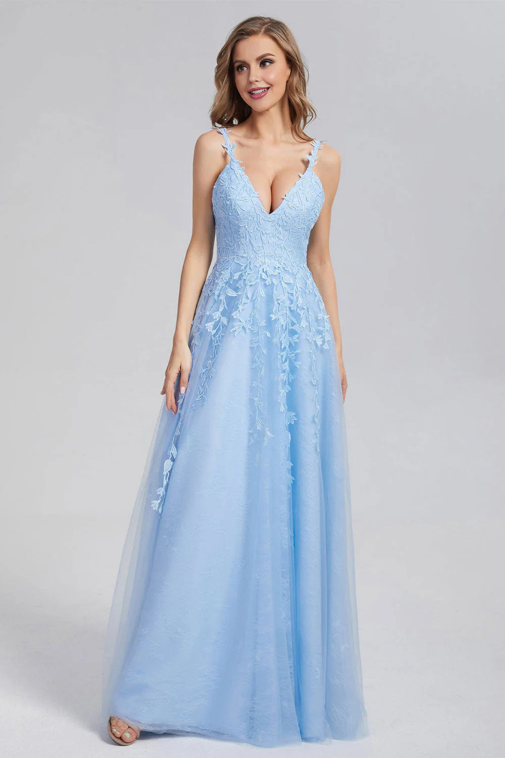 flashy party dressesDingJiDress A Line Straps Blue Prom Dresses V Neck Lace Evening Dresses