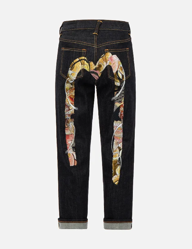 women's elastic waist denim jeansTattoo Koi Pattern Brushstroke Daicock Embroidery Relax-Fit Jeans