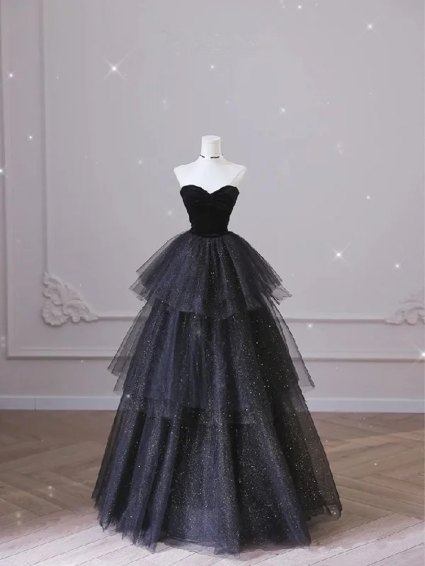 high-low party dressesBlack Sweetheart A-Line Tulle Tiered Long Formal Evening Ball Gown MD7527