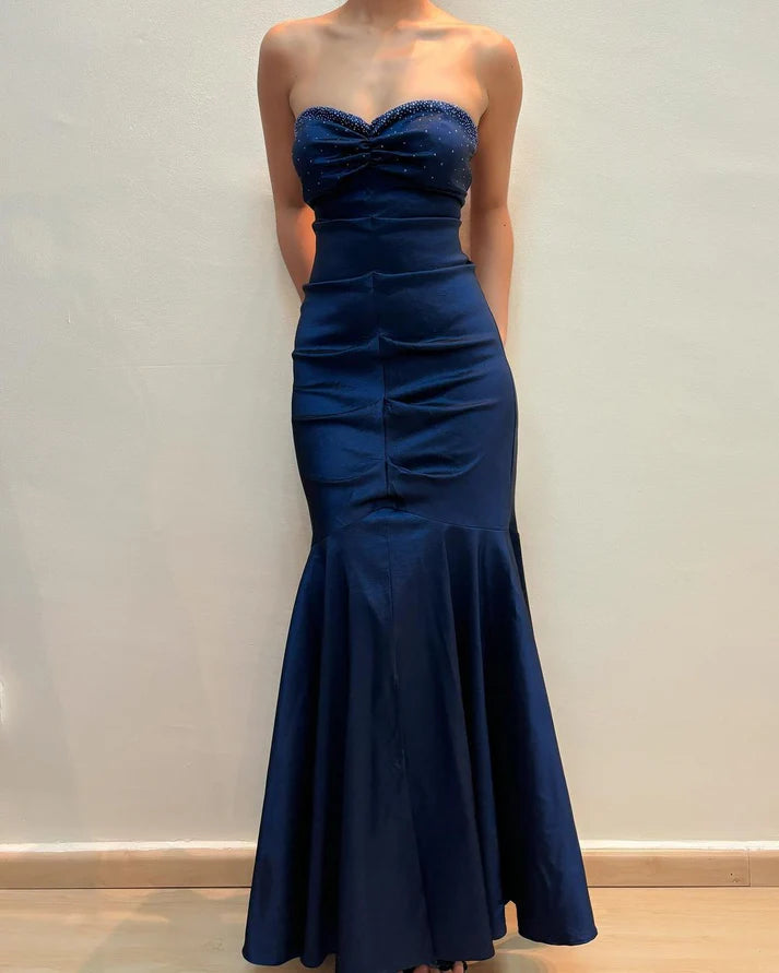 plus-size friendly party dressesSweetheart Mermaid Long Prom Dress Navy Blue Vintage Evening Dress MD7621