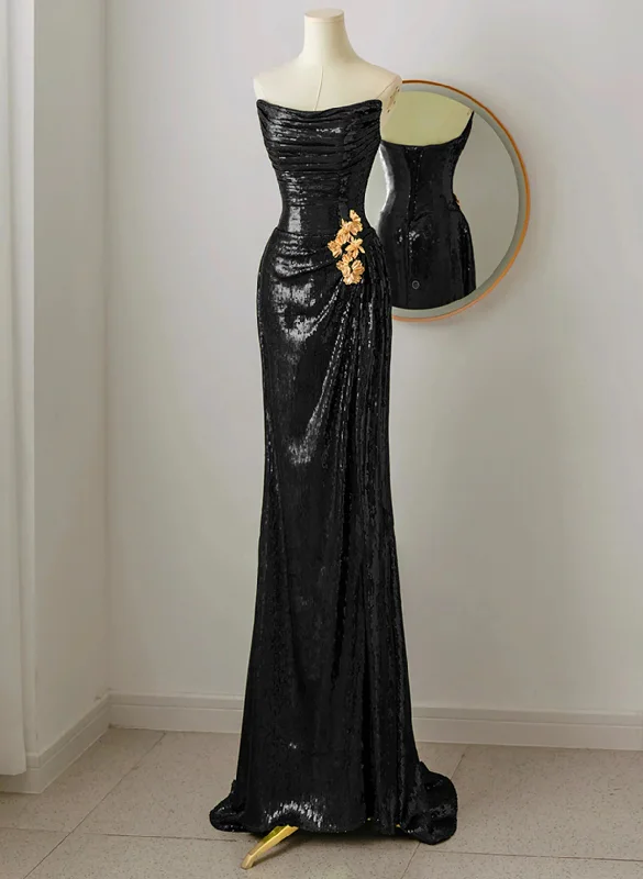 flowy party dressesBlack Scoop Neck Mermaid Long Prom Dress Sequins Evening Dress MD7209