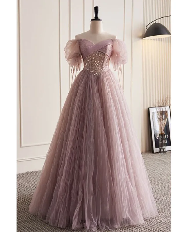 winter party dresses (with tights)Dusty Pink A-Line Tulle Long Prom Dress Birthday Evening Gown MD7756