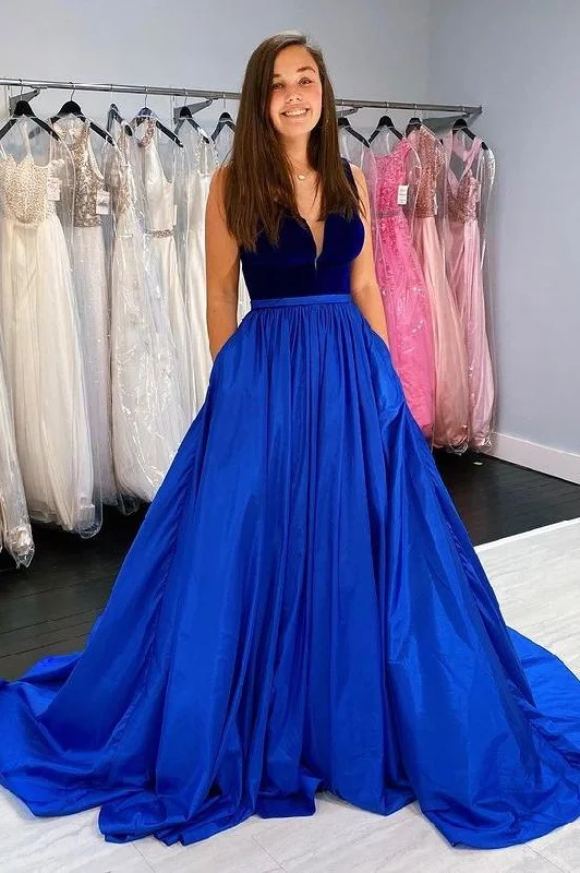 bodycon party dressesDingJiDress A-Line Evening Dresses Deep V Neck Royal Blue Sleeveless Taffeta Long Prom Dresses