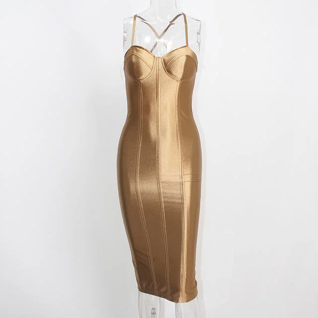 spring party dressesGold Strapless Open Back Evening Dress