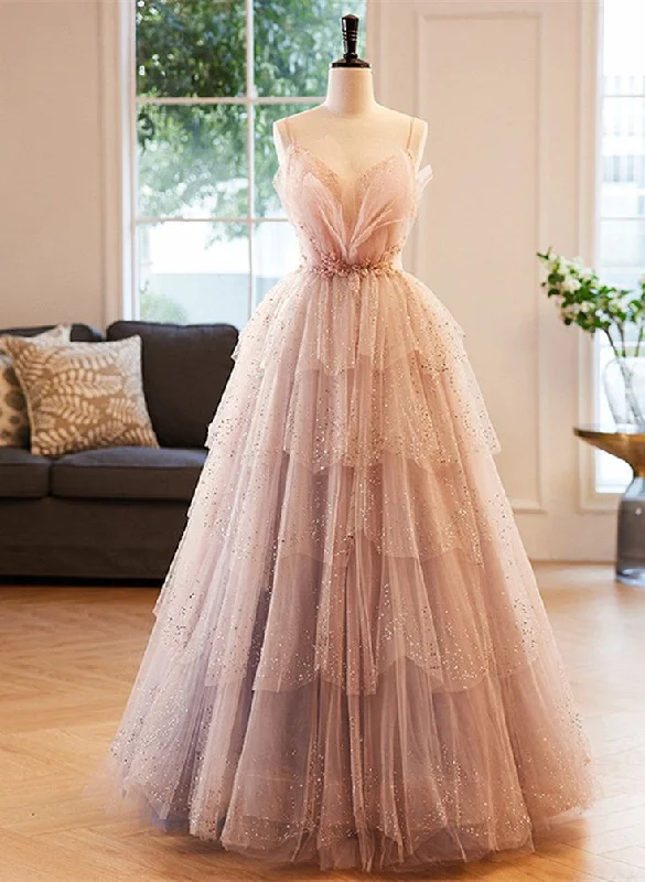 maximalist party dressesStunning Pink Spaghetti Straps A-Line Long Prom Dress Evening Gown MD7333