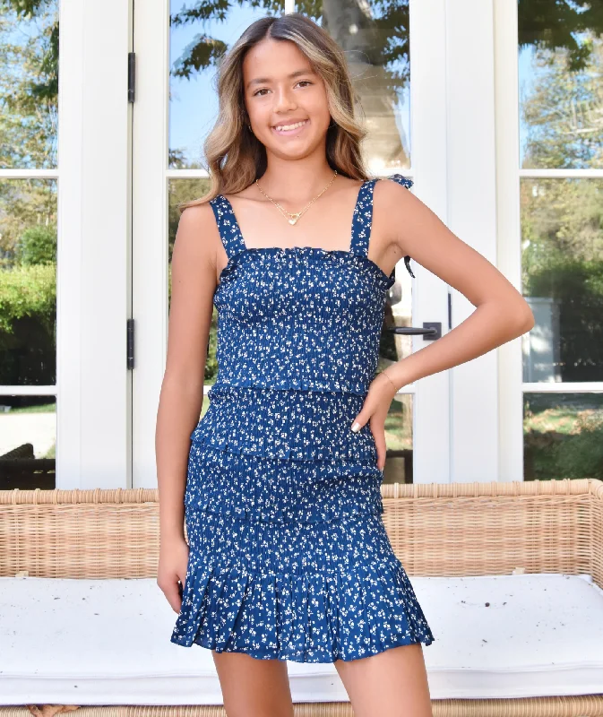 holiday party dressesKatie J NYC Girls Evening Blue Ditsy Floral Evan Dress