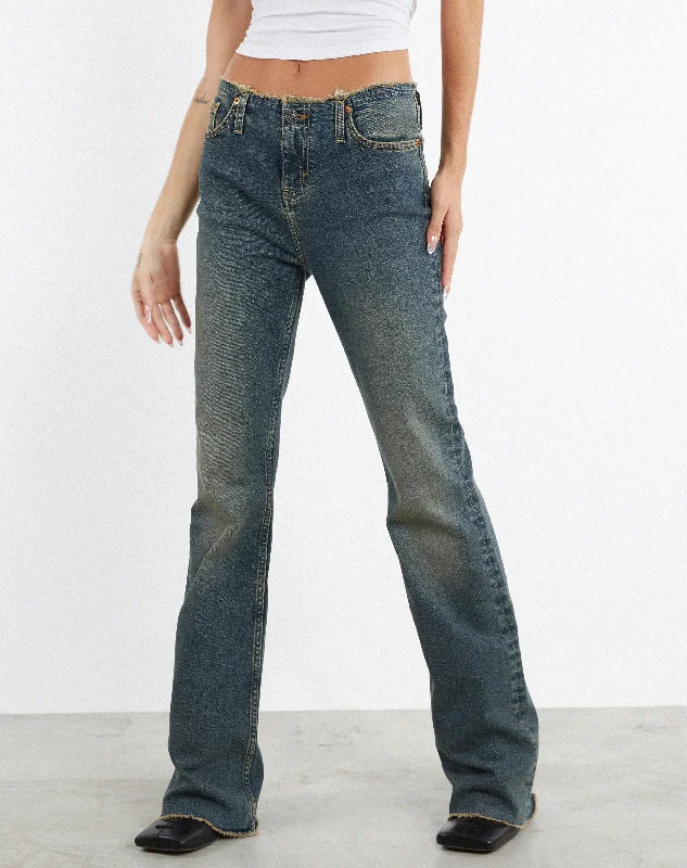 women's denim jeans with buttonsFrayed Low Rise Jeans in Brown and Blue Acid