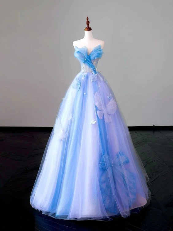 asymmetrical party dressesBlue Strapless A-Line Tulle Long Prom Dress Evening Gown, MD7915