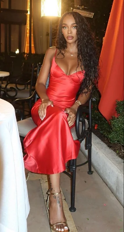 metallic party dressesSexy Red Spaghetti Straps Sheath Satin Long Evening Dress, D152